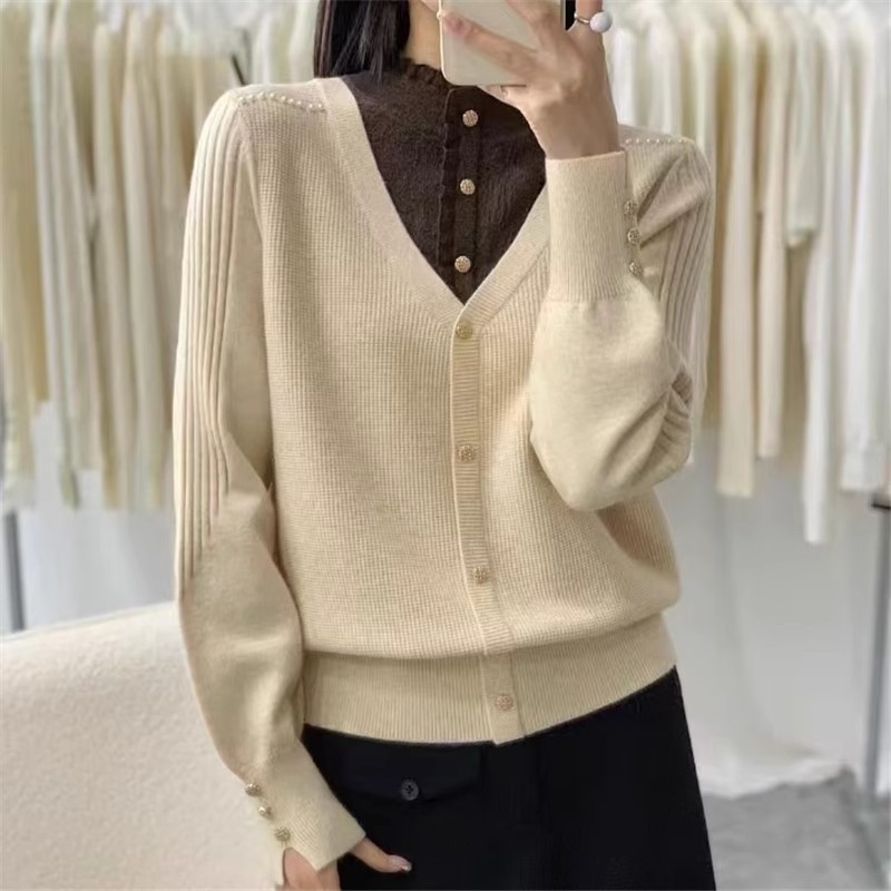 半高领羊毛毛衣女假两件打底衫秋冬新款蕾丝针织衫内搭洋气上衣