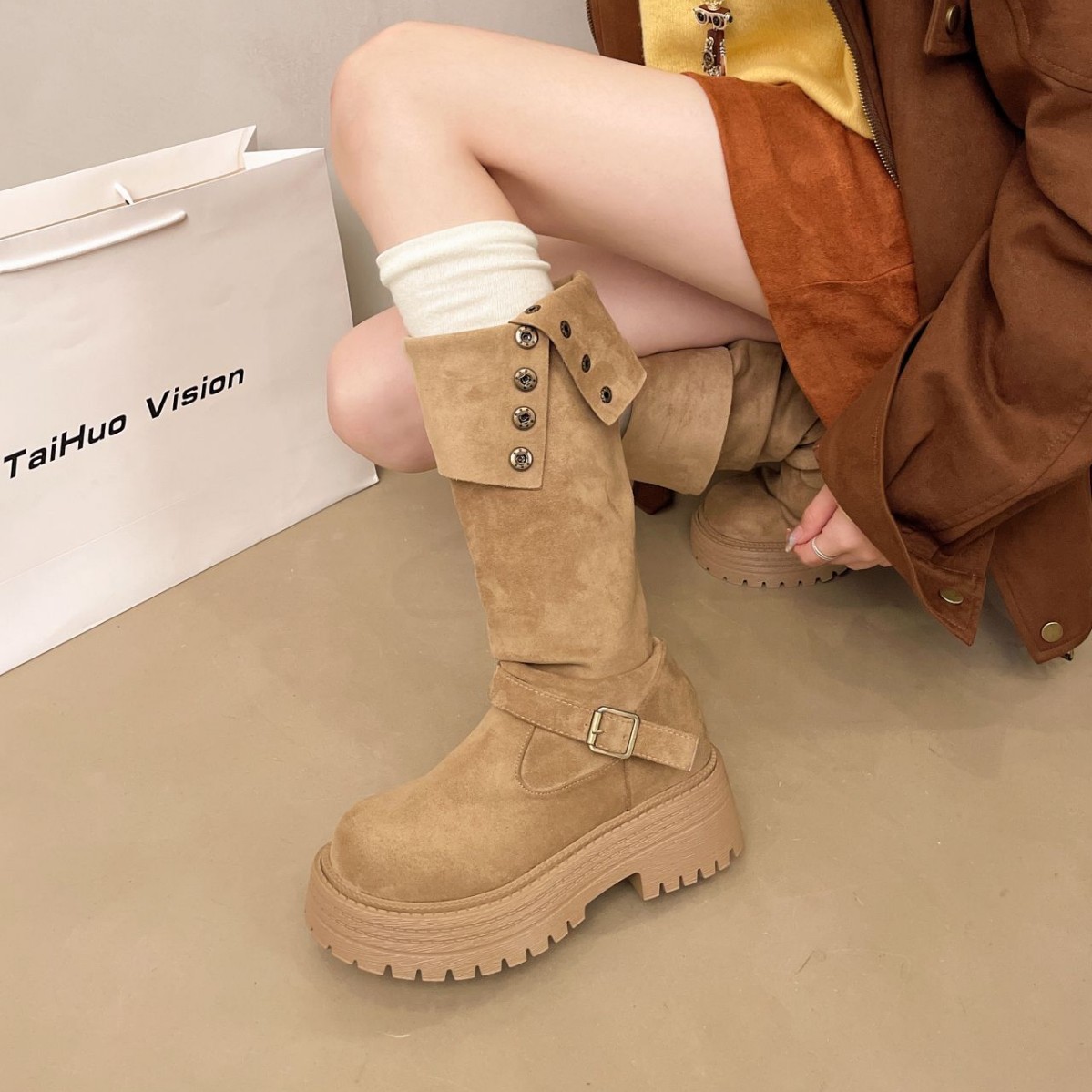 厚底长筒靴女2025秋季新款复古两穿骑士靴小个子增高粗跟堆堆长靴