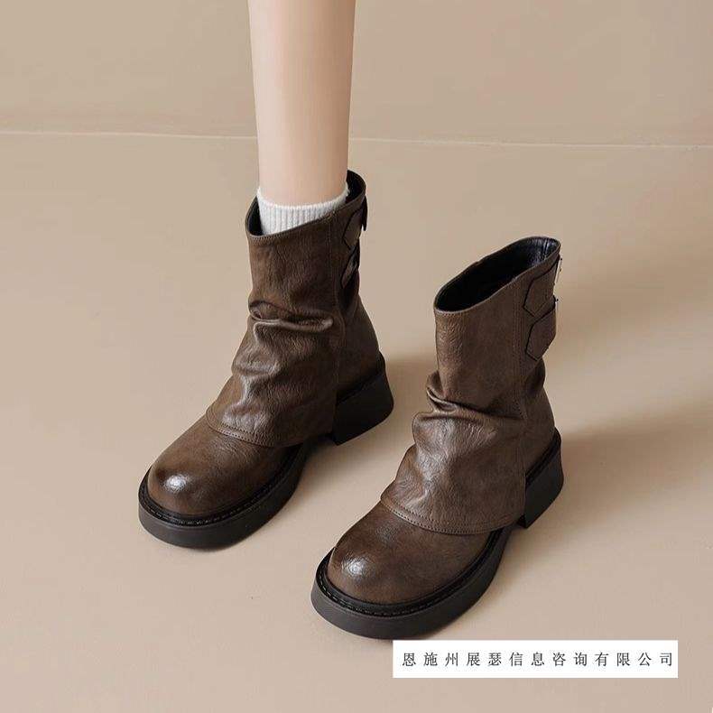 35-43码 大码女鞋美拉德短靴女棕色裤管马丁靴41厚底堆堆靴子女42