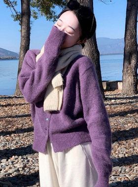 法式紫色毛衣开衫外套女秋冬高级感宽松软糯针织衫上衣