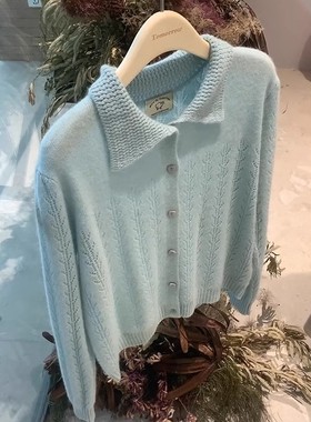 法式高级感蓝色翻领针织开衫外套女春秋季奶呼呼毛衣外穿长袖上衣