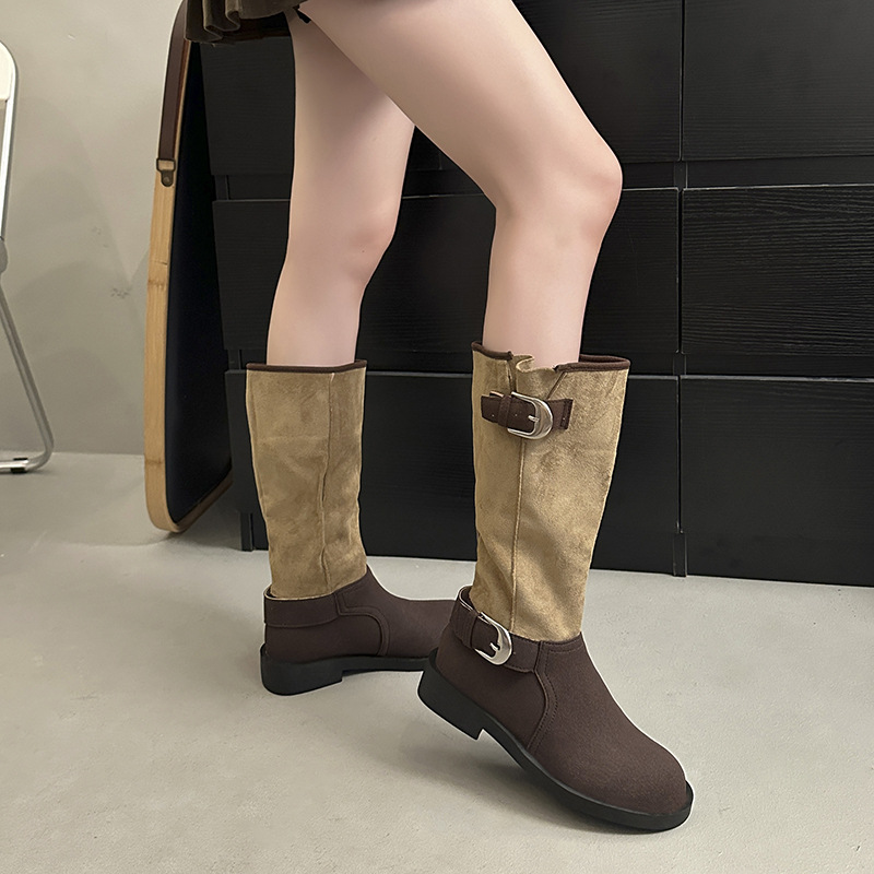 英伦风复古女2025新款皮带扣宽筒不过膝粗瘦骑士靴