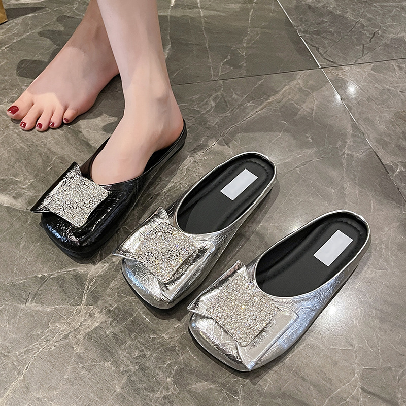 水钻方头拖鞋浅口女鞋韩版皮面拖鞋平底一脚蹬水钻绒面拖鞋女包头
