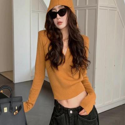 美式橘色连帽针织衫女秋季慵懒风修身短款毛衣卫衣设计感内搭上衣