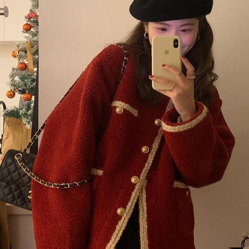 微胖MM秋冬新款小香风外套韩版宽松显瘦气质设计感羊羔毛加厚上衣