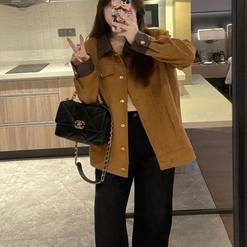 大码女装复古拼接撞色翻领仿鹿皮绒外套女秋冬胖mm开衫上衣