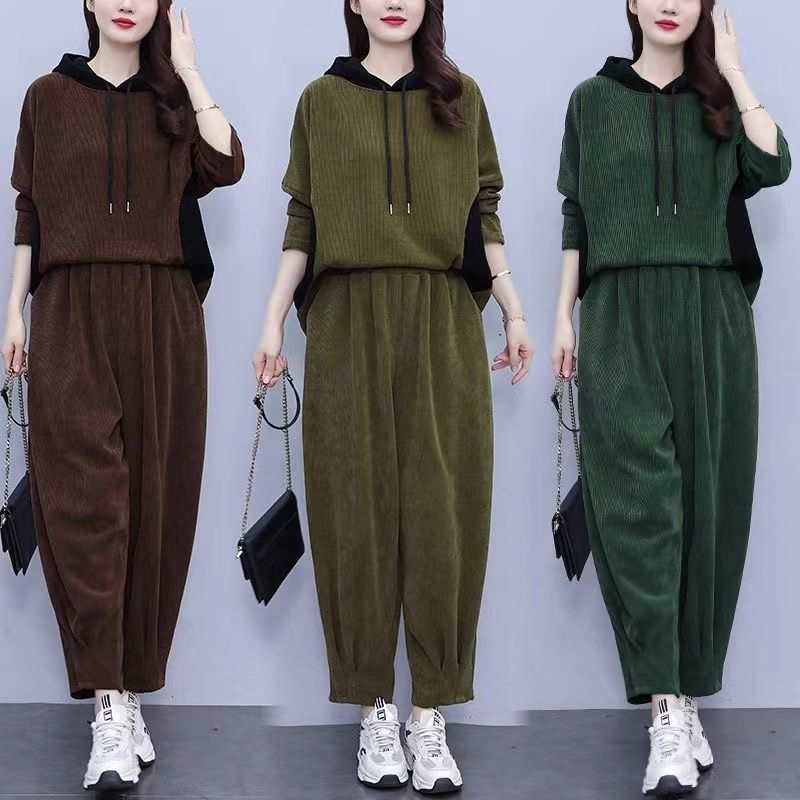 大码休闲连帽时尚套装秋季新款加厚灯芯绒大码遮肉显瘦休闲两件套