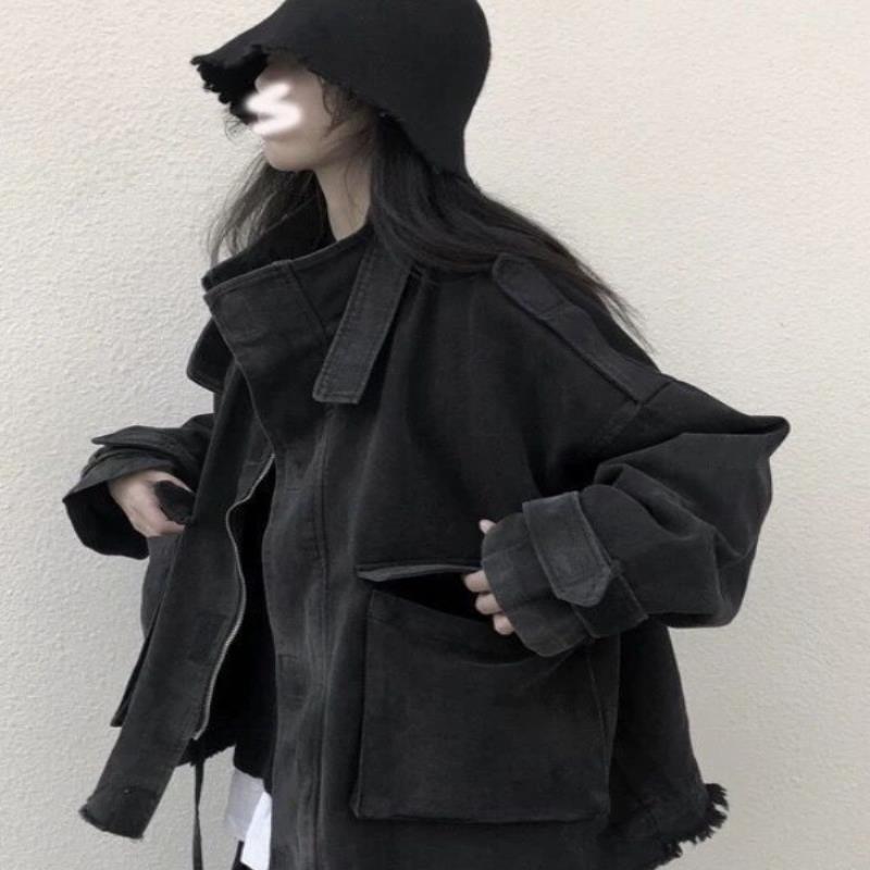 黑色工装牛仔外套女小个子2025秋季新款高级感炸街减龄设计感夹克