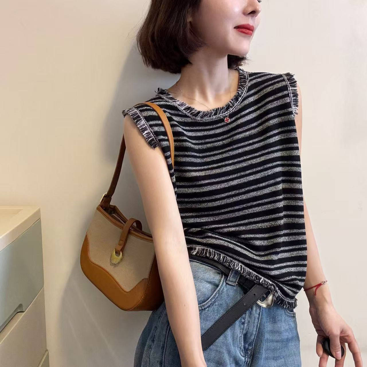 欧洲站女装复古撞色条纹无袖针织背心女25夏季流苏小众设计感上衣
