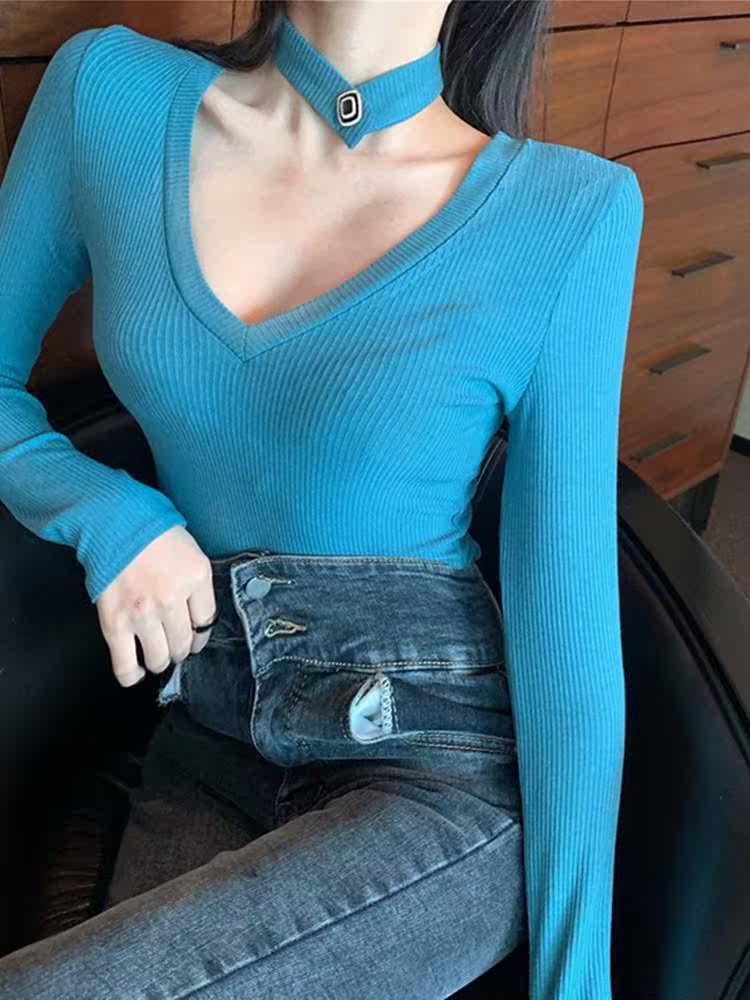 大码挂脖V领内搭打底衫女2020新款韩版春秋钻扣长袖修身上衣T恤潮|msdalam kategori mod main/animasi/Zhou Bian/cos/permainan papan, kostum cosplay/props/perkhidmatan, Wanita Cosplay - dari Buy2taobao.com untuk memberikan perkhidmatan ejen Taobao profesional membeli