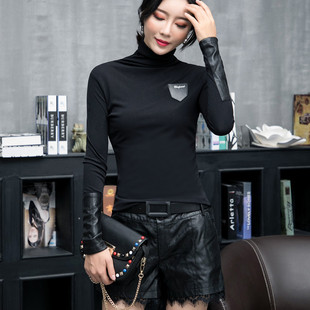 显瘦皮袖 修身 上衣 女t恤高领网纱长袖 欧洲站秋冬加绒纯黑色打底衫