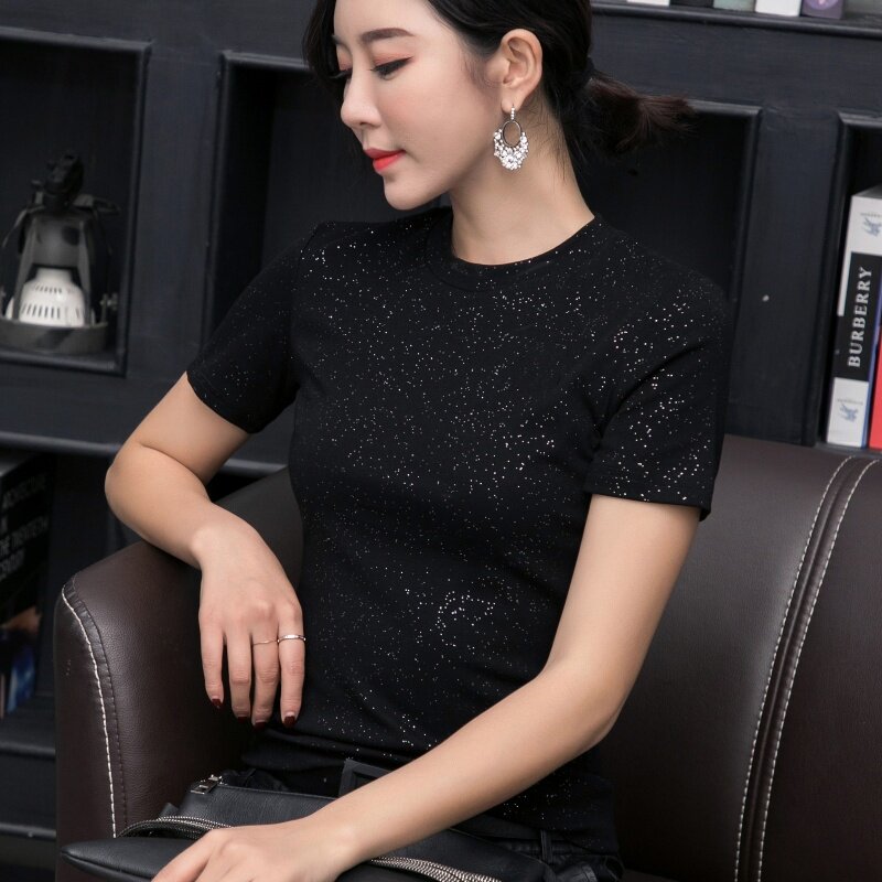 欧洲站夏季新款时尚纯色亮闪闪针织纯棉t恤女装修身立领打底上衣