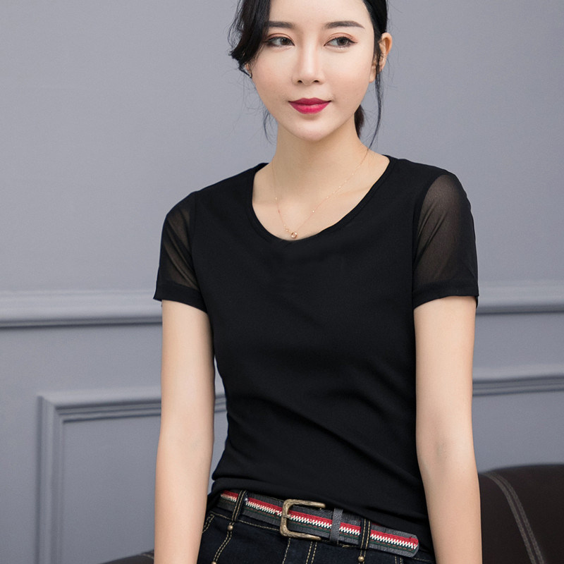 时尚短袖欧货薄款百搭网纱女蕾丝