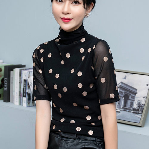 时尚五分袖简约欧美显瘦网纱女t