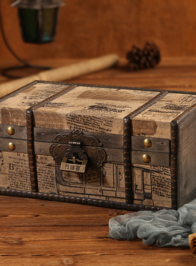 古典皮革小木匣子家用桌面证件化妆收纳盒带锁首饰盒复古百宝箱