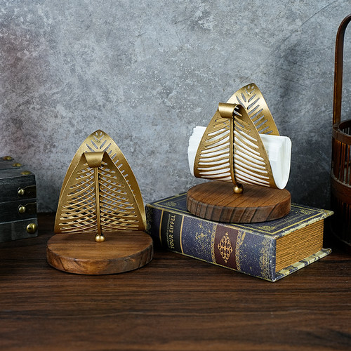 创意铁艺树叶造型纸巾架木质底座