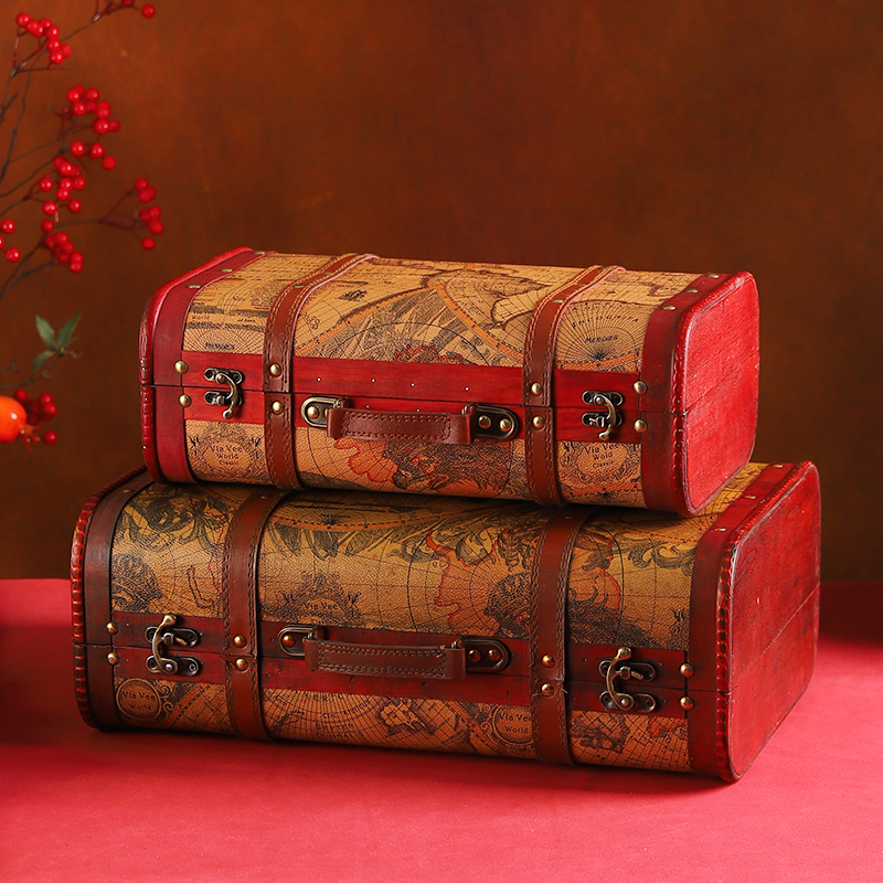 手提式大容量黄地图木质收纳箱