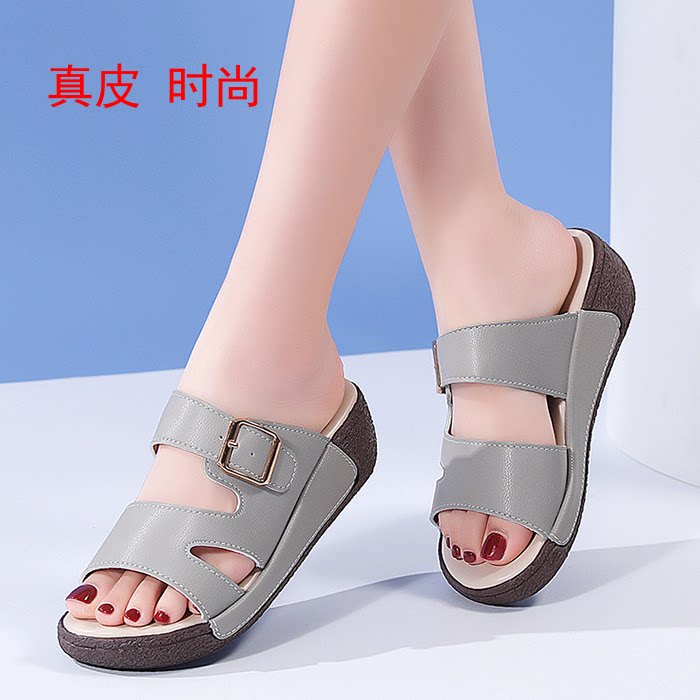 真皮厚底露趾百搭女凉拖