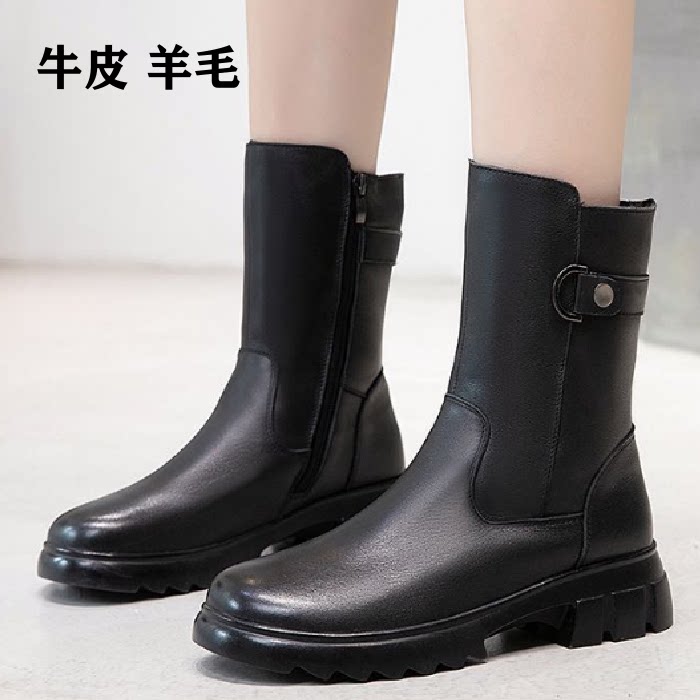 真皮羊毛保暖厚底高帮马丁靴女