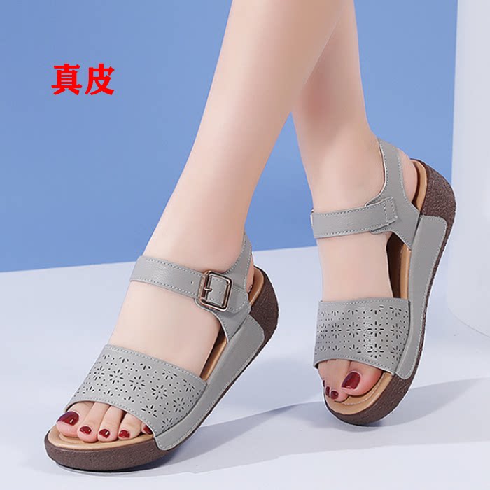 夏季真皮镂空厚底增高妈妈凉鞋