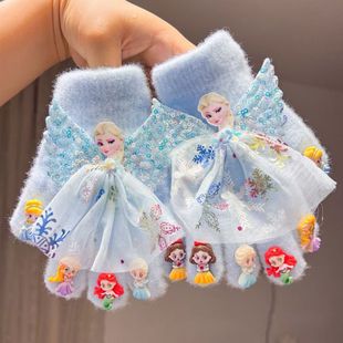 2026可爱艾莎公主儿童手套女秋冬保暖美甲小女孩宝宝分指手套卡通