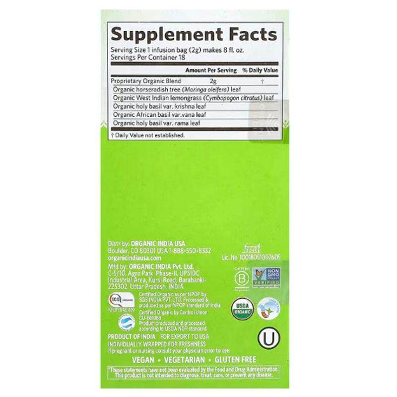 Organic India Tulsi Moringa印度图尔西圣罗勒辣木茶18包