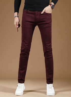 2026新款春季潮流时尚弹力男士牛仔裤修身小脚酒红色休闲裤男长裤