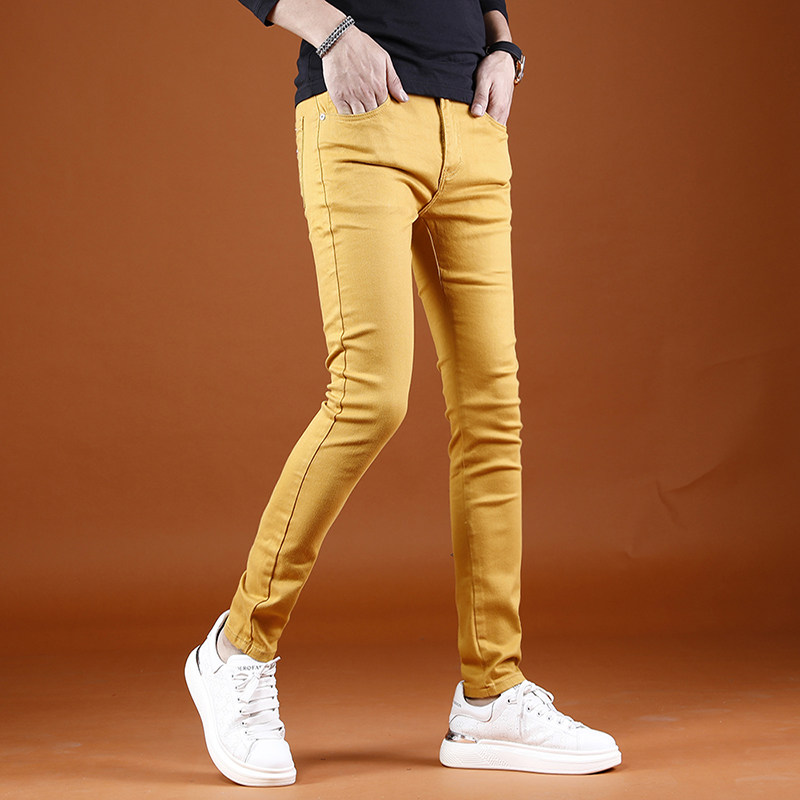 2026新款春季高端牛仔裤男潮牌修身小脚黄色时尚休闲潮流男士裤子