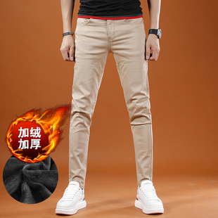 男秋冬款 长裤 加绒加厚潮流修身 男士 子 小脚百搭休闲裤 卡其色牛仔裤