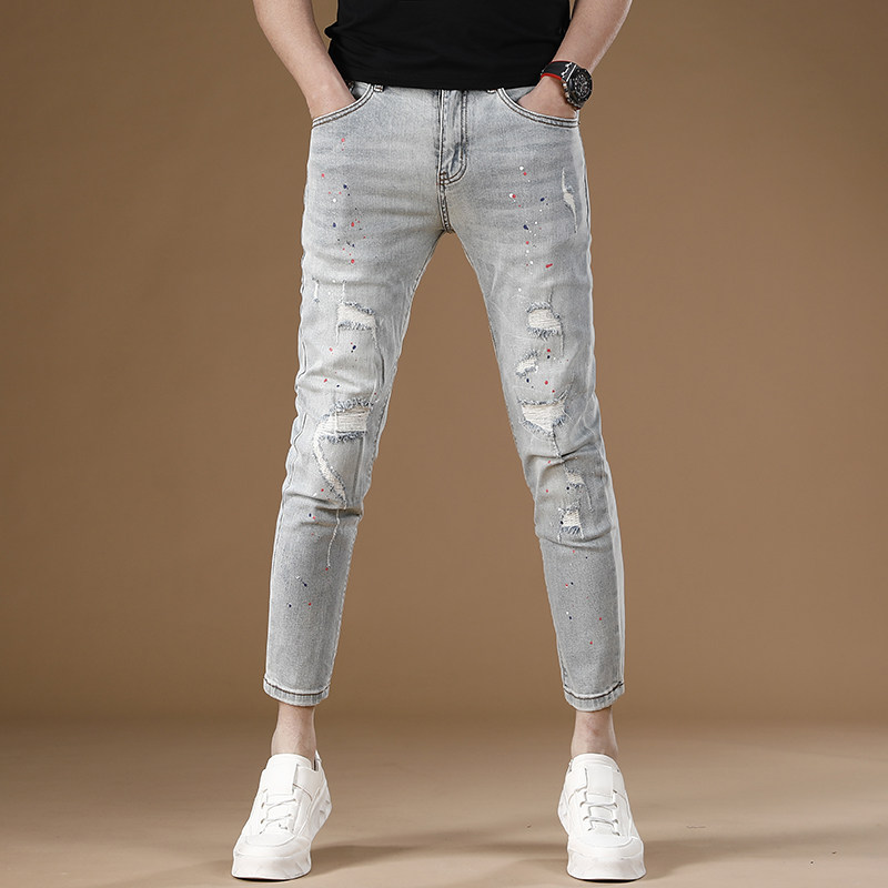 高端印花破洞九分牛仔裤男秋季新款弹力修身小脚9分裤男士休闲裤