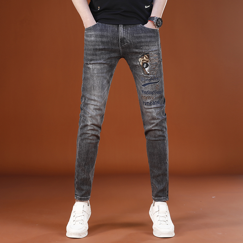 灰色牛仔裤春季刺绣拉链长裤