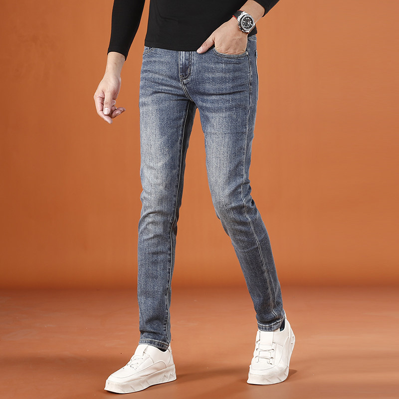 2025秋冬款蓝色裤子男潮流时尚简约百搭弹力男士牛仔裤修身小脚裤