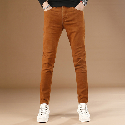 高端潮流韩版修身牛仔裤男秋冬款橙色休闲裤百搭时尚男士小脚长裤