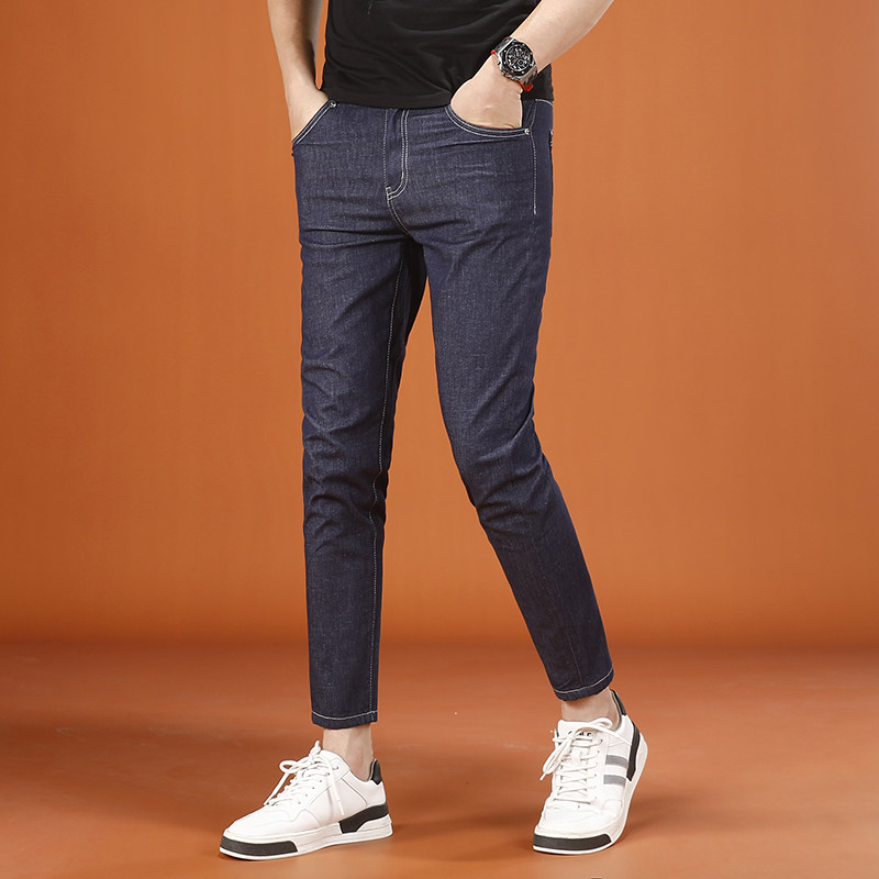 不掉色蓝色九分牛仔裤男款2026新款弹力修身小脚男士裤子夏季薄款