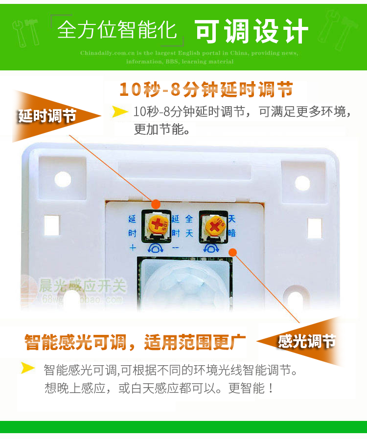 可调延时感光红外线人体感应开关器自动智能220V楼道梯感应器86型