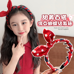 儿童红色波点兔耳发箍2025新款 女童刘海碎发整理神器韩系头箍发饰