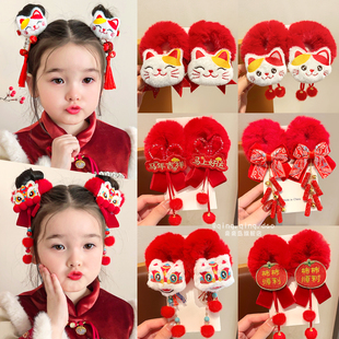 儿童新年红色醒狮发圈女童丸子头毛绒发绳宝宝中国风喜庆头绳发饰