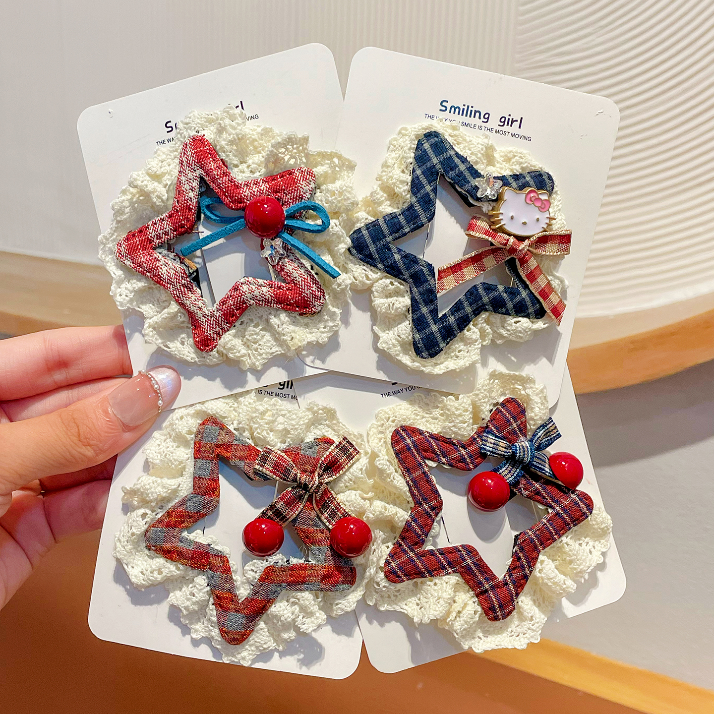 咖色kt猫蕾丝发夹~五角星发卡