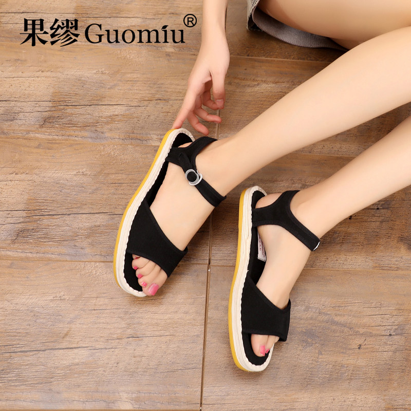 果缪黑色凉鞋女夏季鱼嘴一字扣防滑百搭平底民族风手工千层底布鞋,女鞋,一字带凉鞋,淘宝优惠券,粉丝福利购,淘宝优惠卷