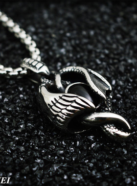 黑玛瑙天使恶魔钛钢朋克风吊坠