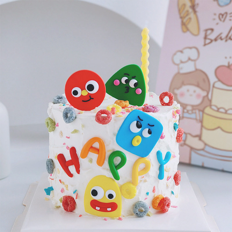 网红软胶卡通笑脸蛋糕装饰摆件搞怪表情生日派对装扮happy插件