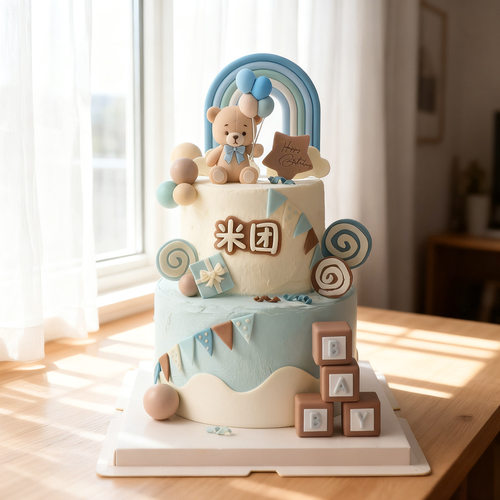 可爱小熊生日蛋糕装饰摆件儿童主题蓝色系烘焙装饰