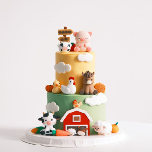 田园木屋马棚软胶插牌牦牛绵羊小马小猪玩偶摆件开心农场蛋糕装饰