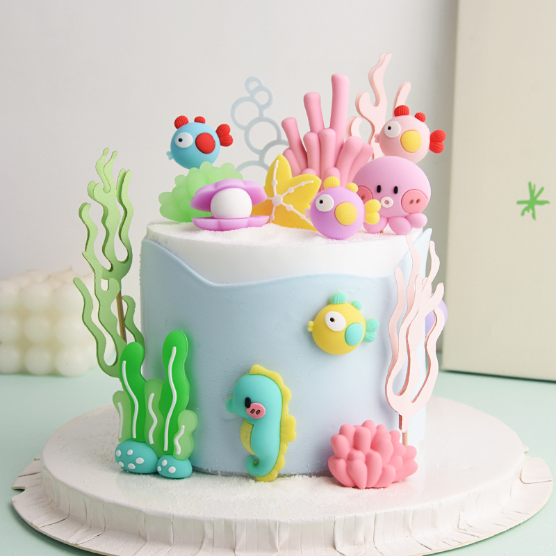 小鱼珊瑚海草章鱼蛋糕装饰摆件