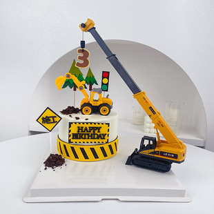 饰摆件件大号吊机挖机数字泡沫插牌 儿童卡通工程车施工路牌蛋糕装