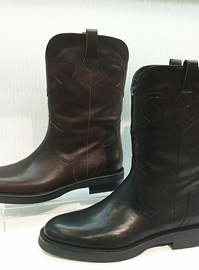 FED商场专柜同款2025冬季新款粗跟圆头雕花复古保暖中筒靴FHX038