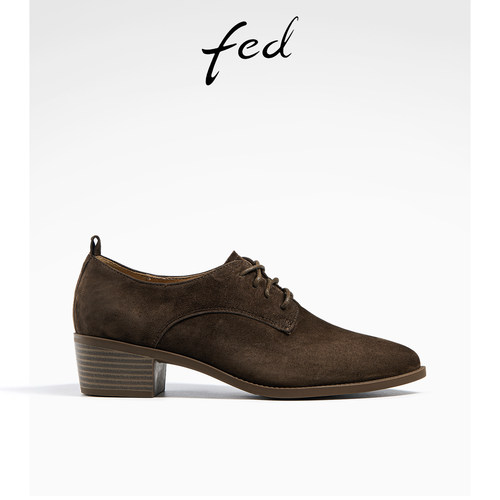 fed深口单鞋系带复古鞋粗跟裸靴