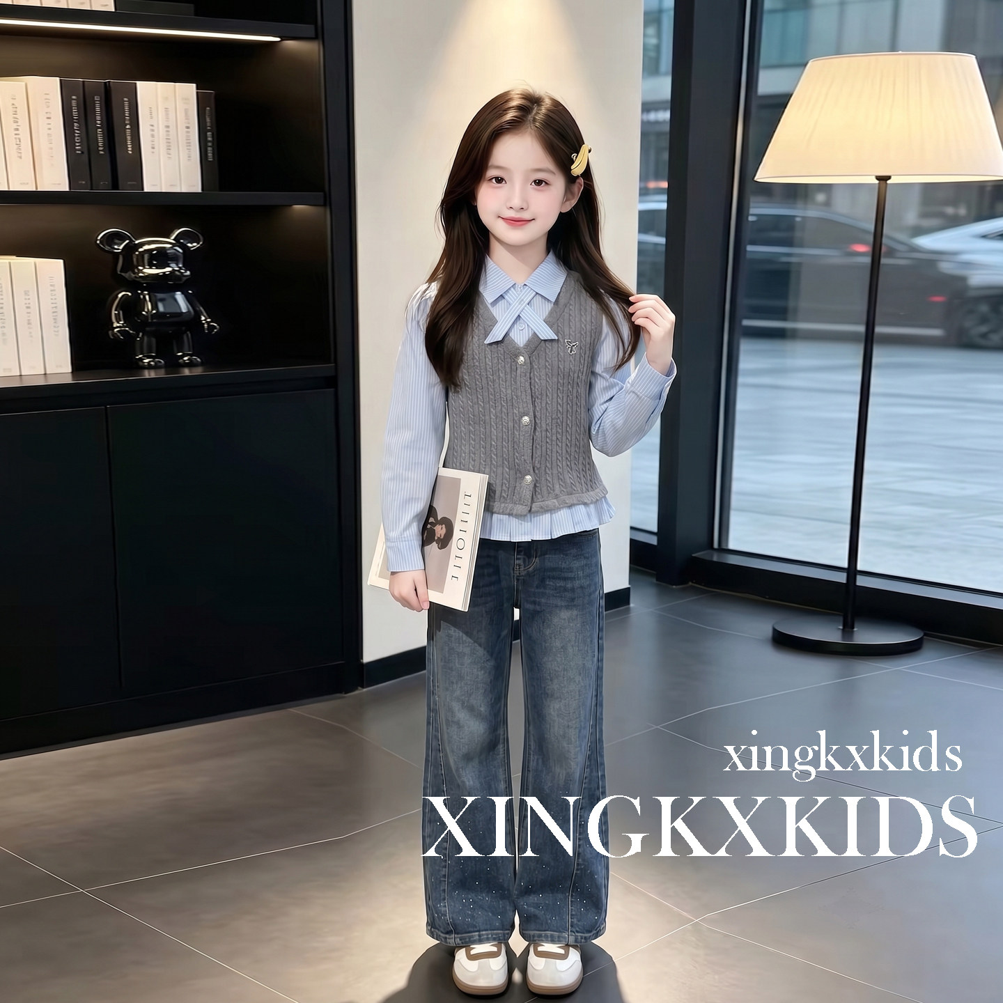 女童春秋装韩系衬衫牛仔微喇套装