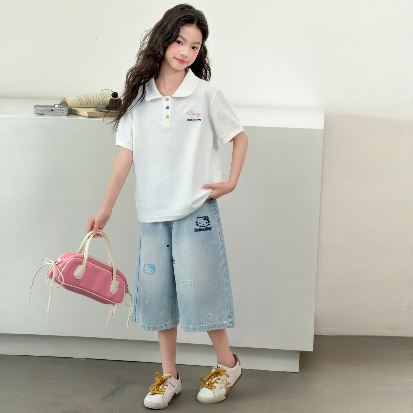 女童夏季POLOT恤牛仔短裤套装