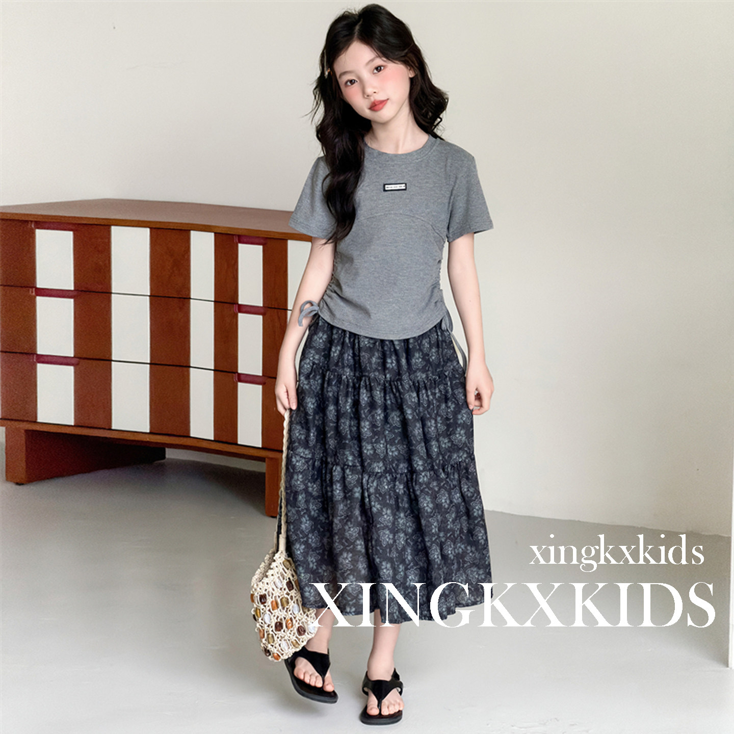 女童超好看碎花连衣裙2026新款女孩大童夏季抽绳短袖半身裙两件套